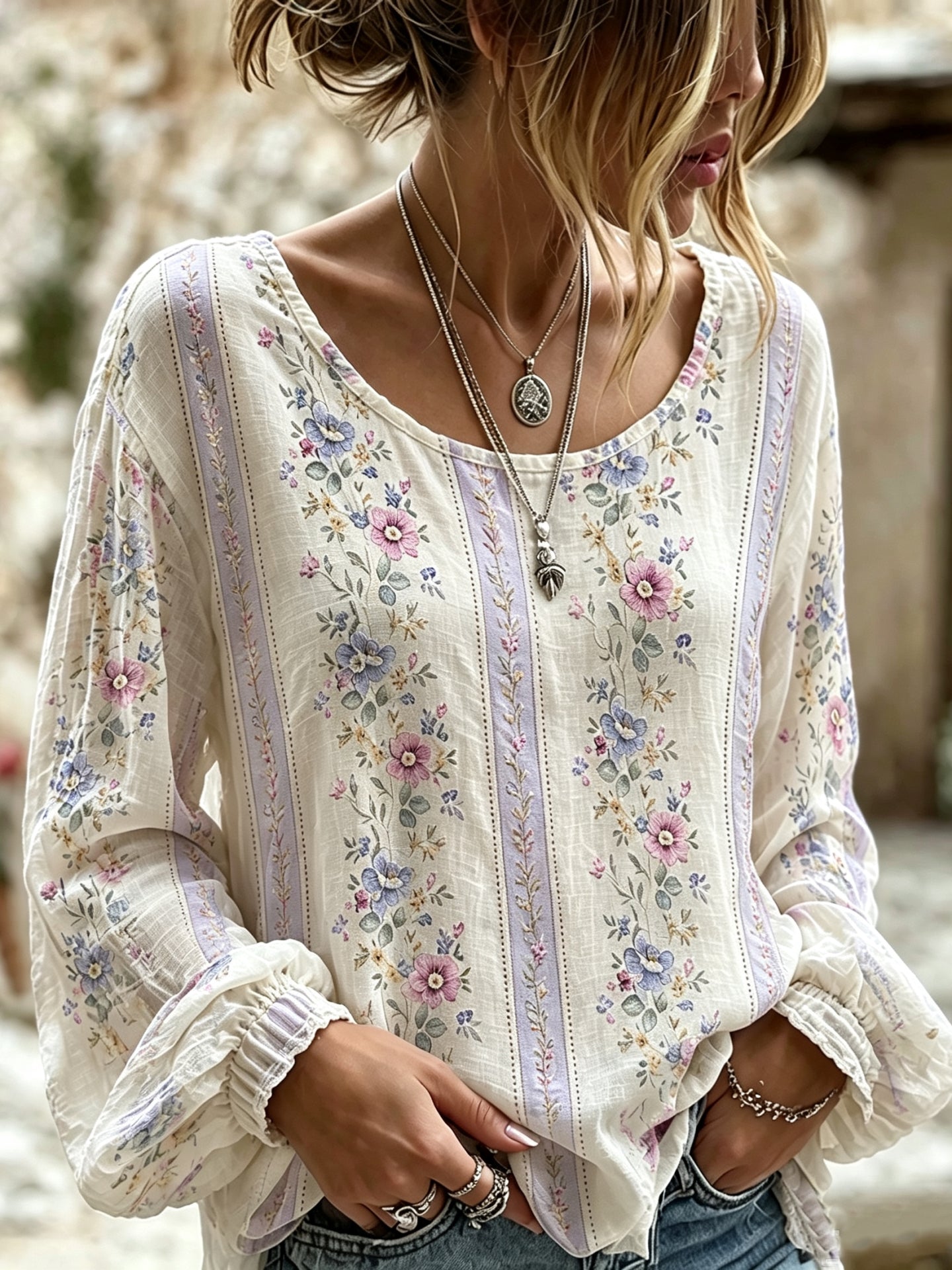 Women's Retro Floral Casual Crew Neck Cotton Linen T-shirt