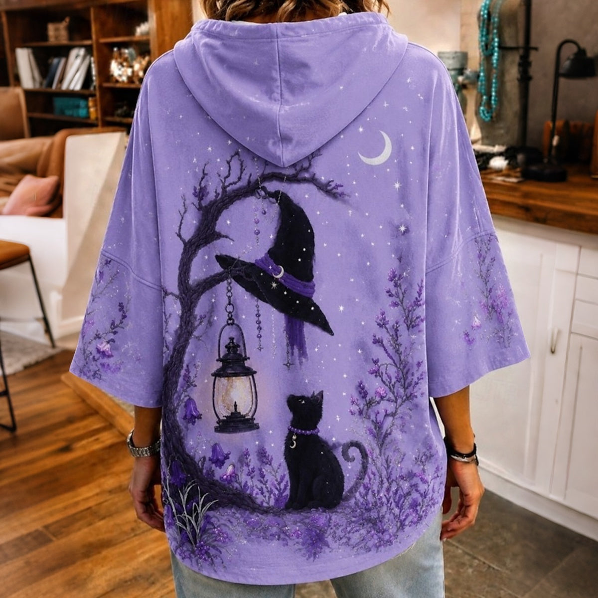 Women's Retro Halloween Cat Witch Hat With Branch Print Loose Top