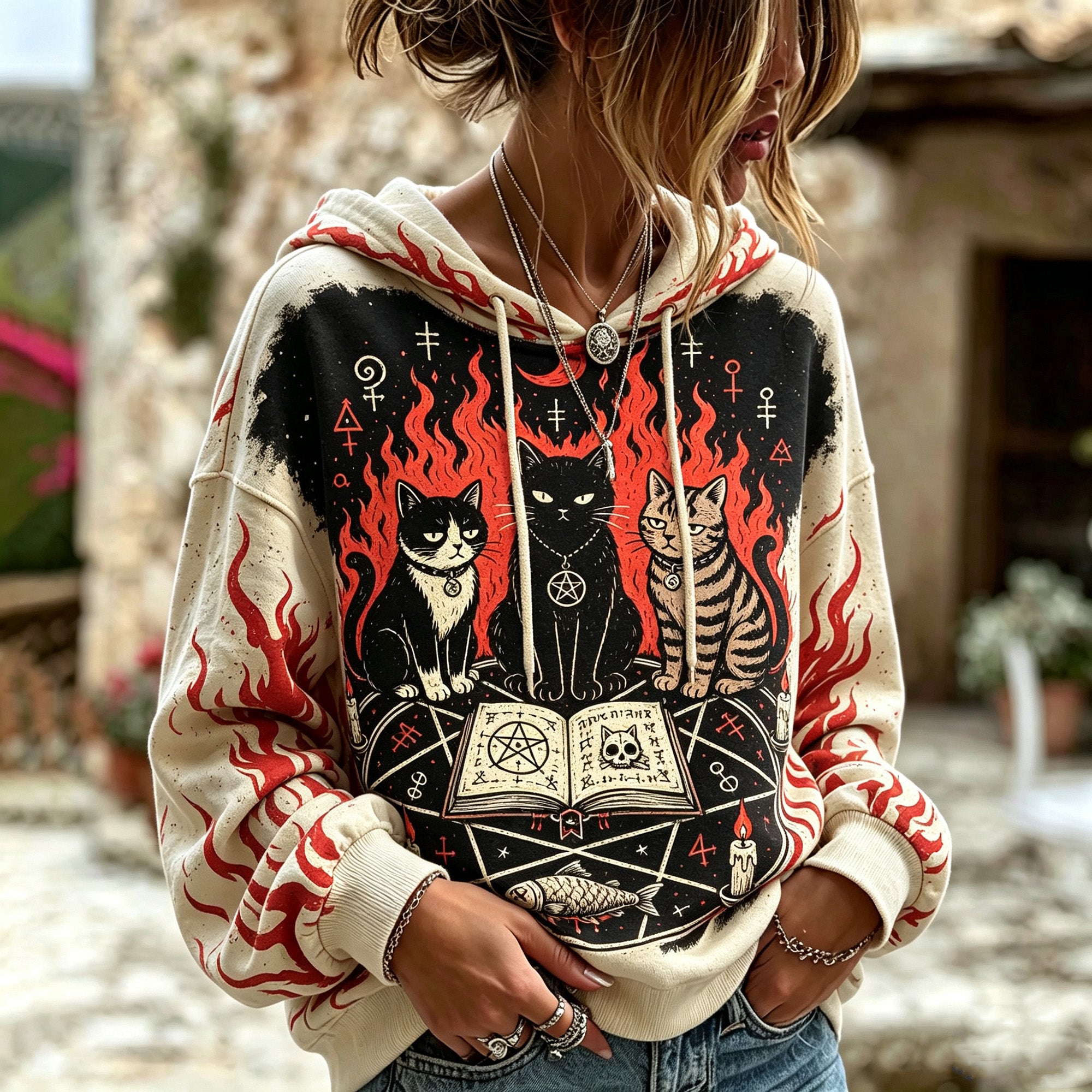 Women's Gothic Witch Black Cat Mysterious Tarot Pentagram Flame Pattern Retro Halloween Pullover Sweatshirt