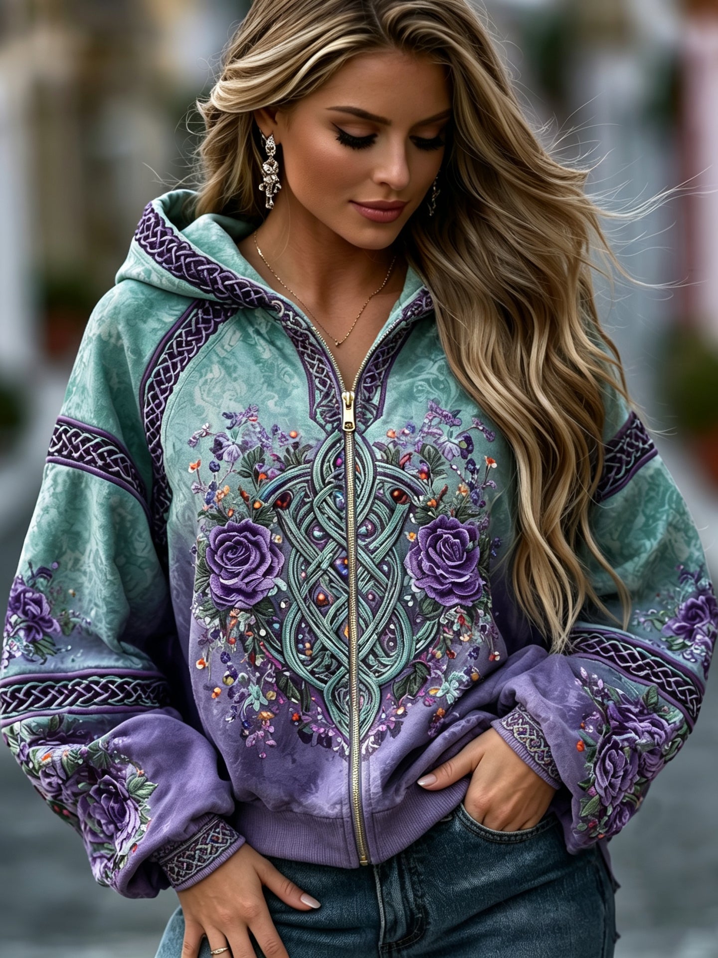 Women's Retro Floral And Celtic Knot Art Print Casual Zip Up Hoodie