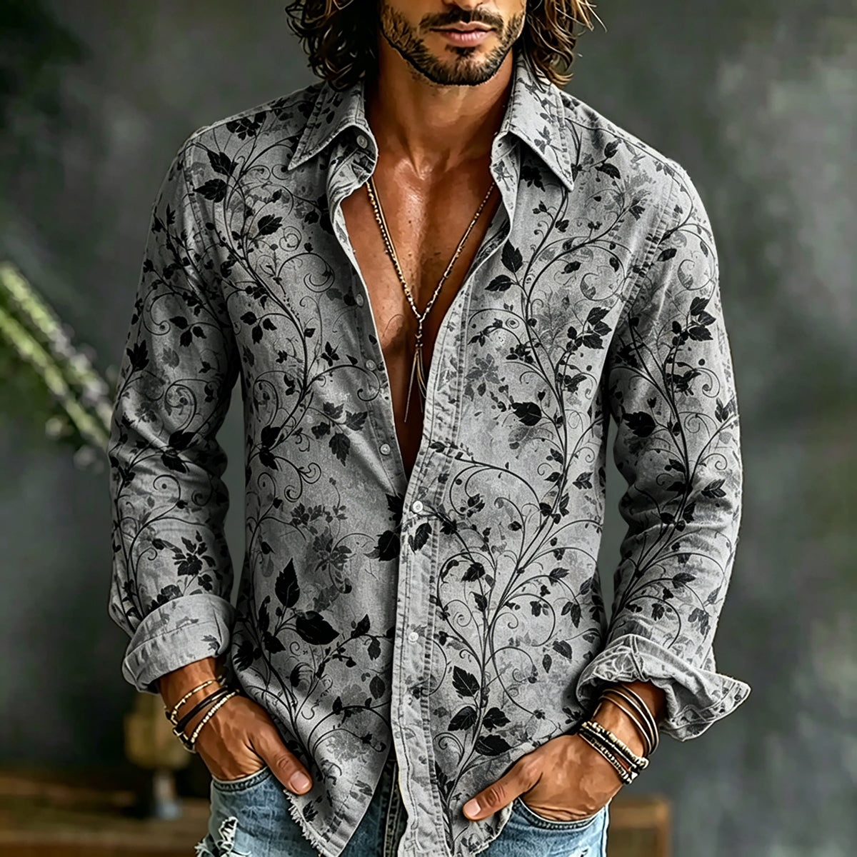 Men's Retro Floral Art Print Cotton Linen Casual Shirt
