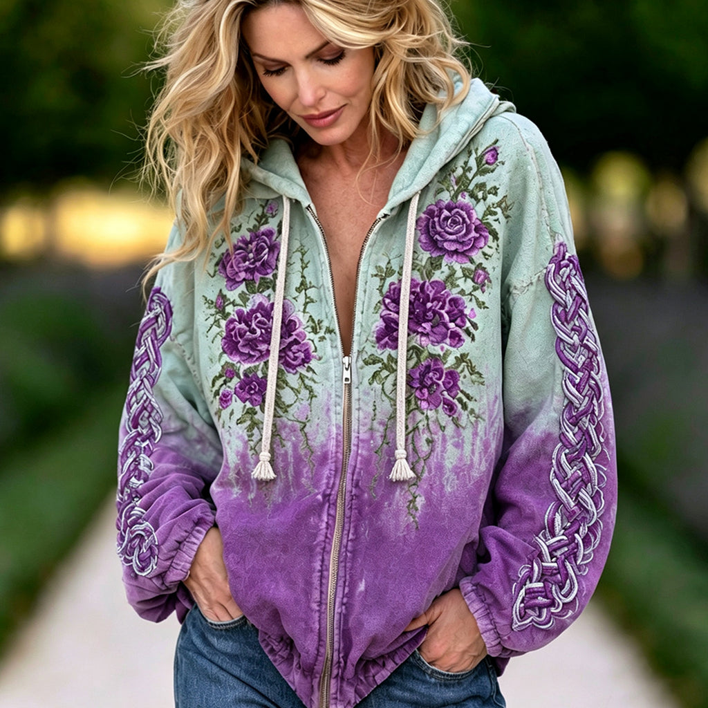 Women's Vintage Purple Rose And Celtic Knot Art Pattern Comfortable Warm Zip-up Hoodie