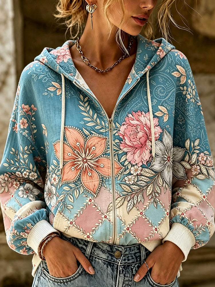 Women's Retro Resort Color Block Plaid Floral Print Zip-up Hoodie