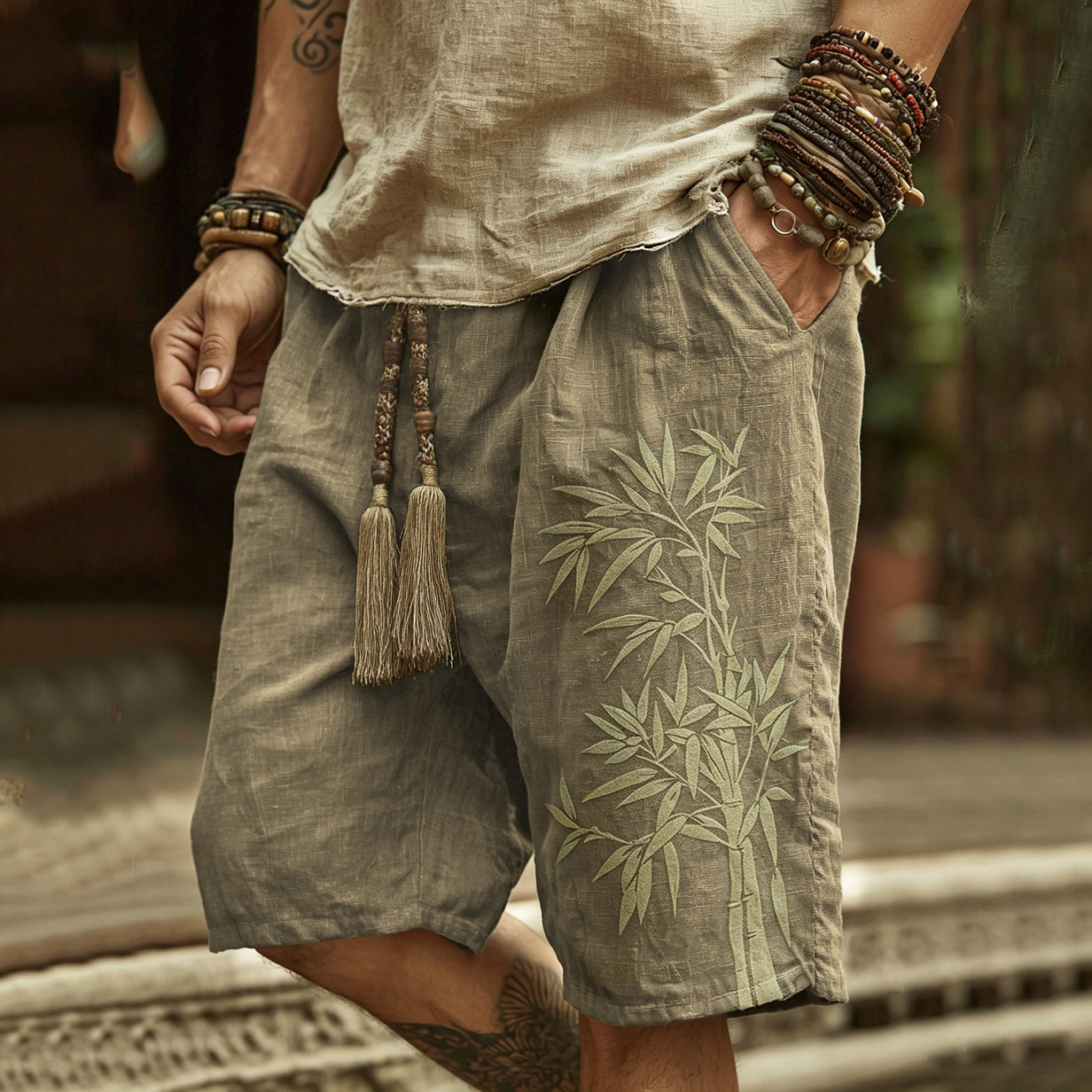 Japanese Bamboo Art Print Linen Blend Casual Shorts