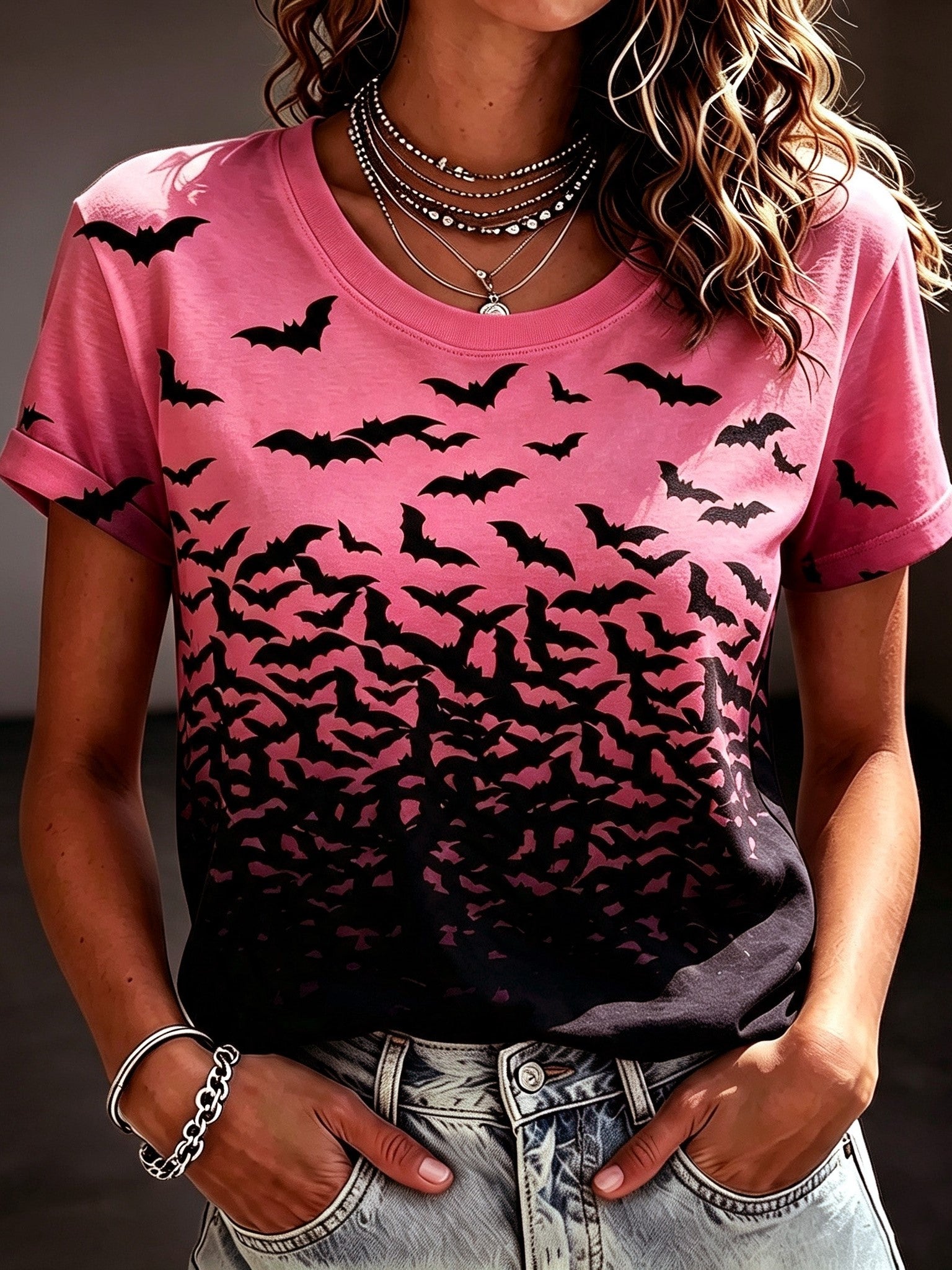 Women's Bohemian Halloween Bat Print T-shirt