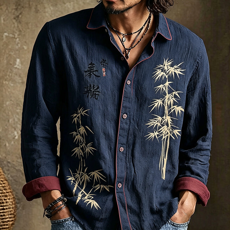 Men's Retro Japanese Bamboo And Calligraphy Art Pattern Casual Shirt