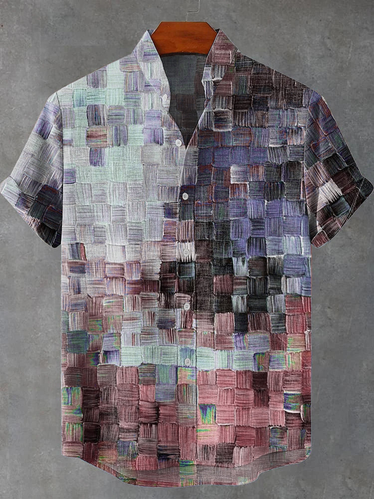 Oil Painting Style Lattice Vintage Art Print Casual Cotton Linen Shirt