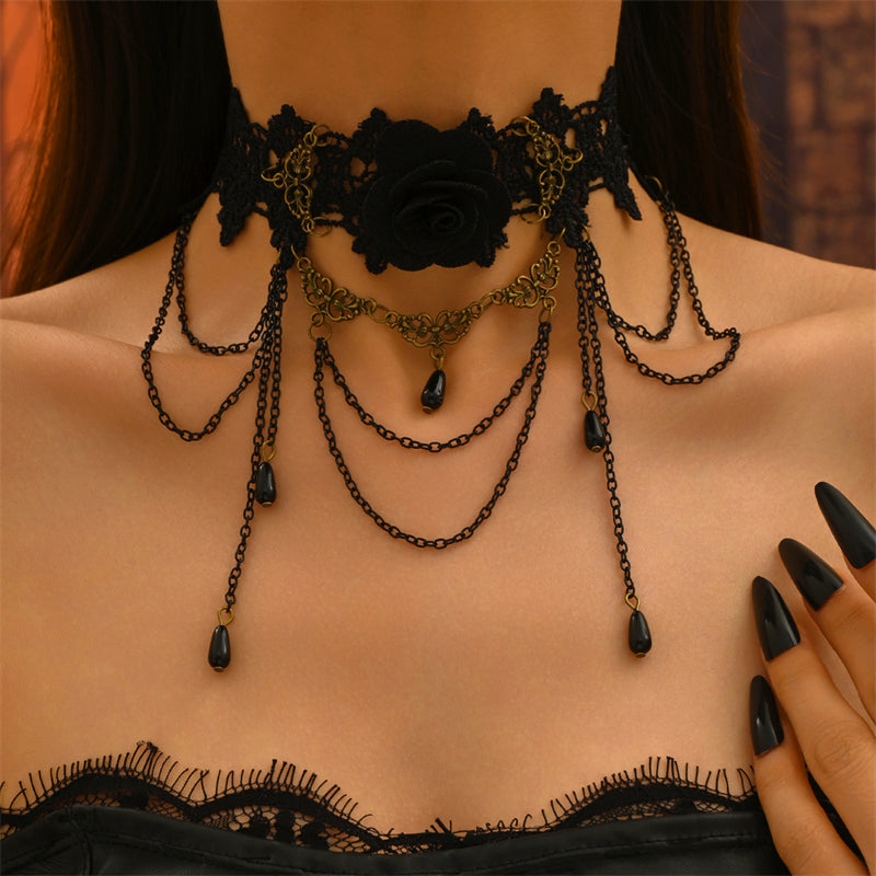 Vintage Gothic Black Rose Floral Lace Choker