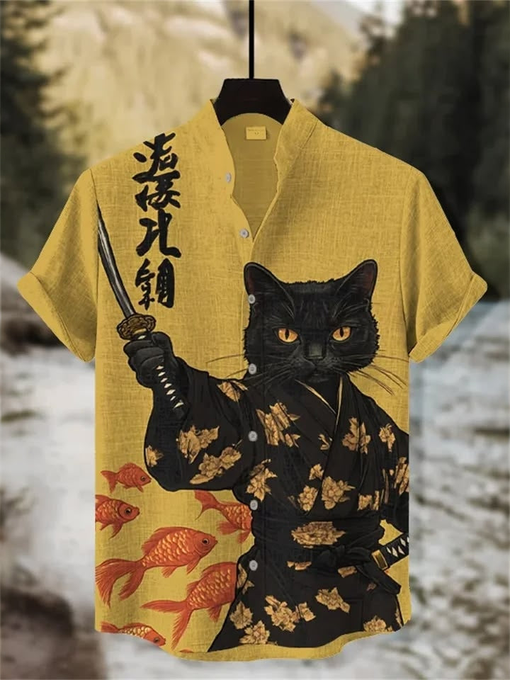 Vintage Japanese Cat Art Print Casual Cotton Linen Shirt