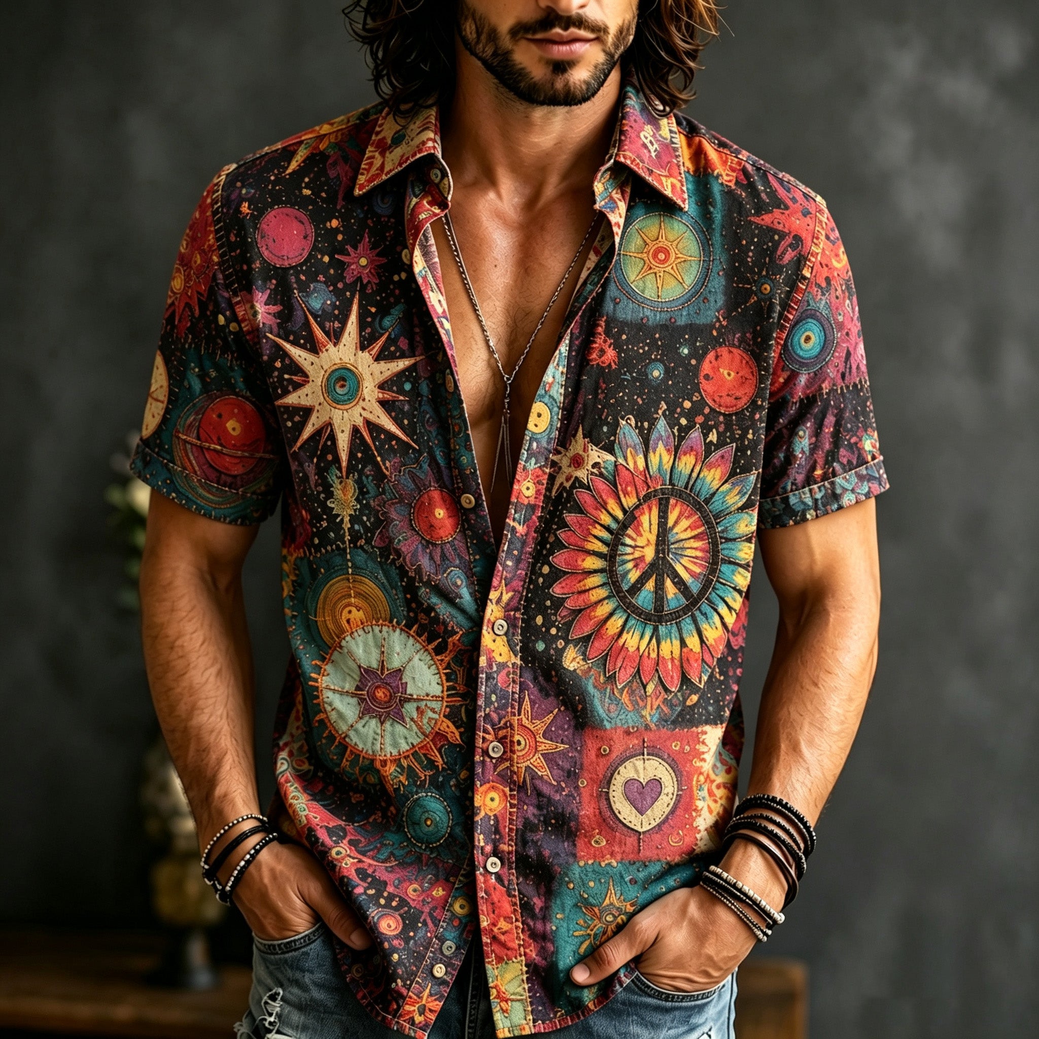 Men's Retro Bohemian Hippie Style Floral Print Cotton Linen Short-sleeve Shirt