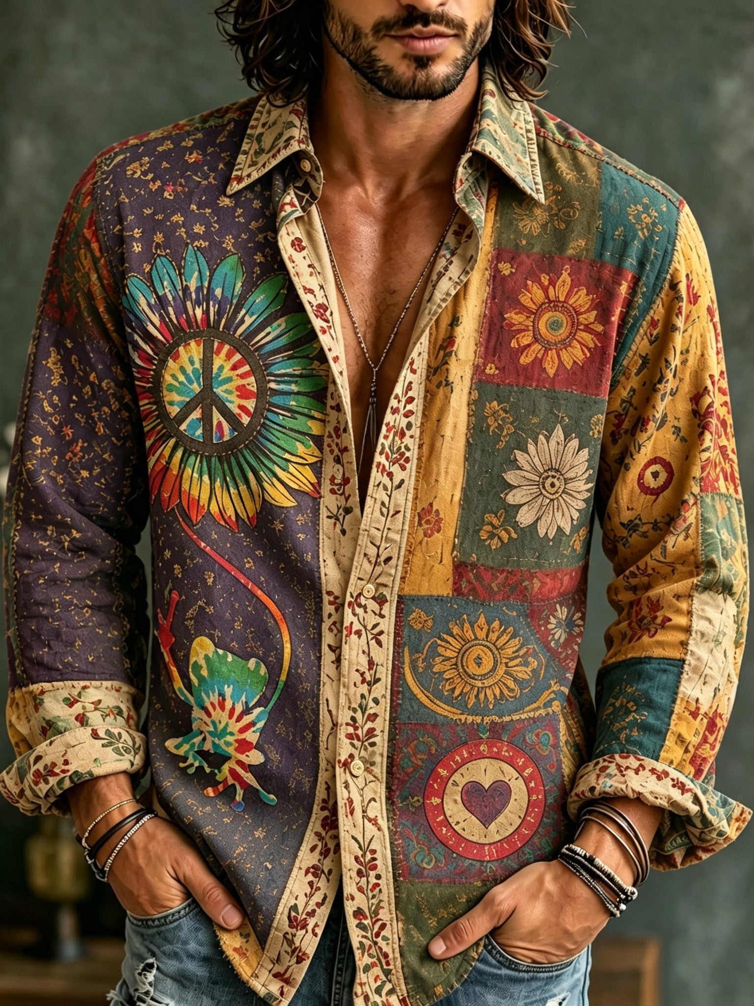 Men's Retro Bohemian Hippie Style Floral Patchwork Print Shirt
