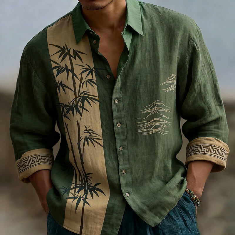 Japanese Bamboo Pattern Embroidered Color Blocked Linen Blend Shirt