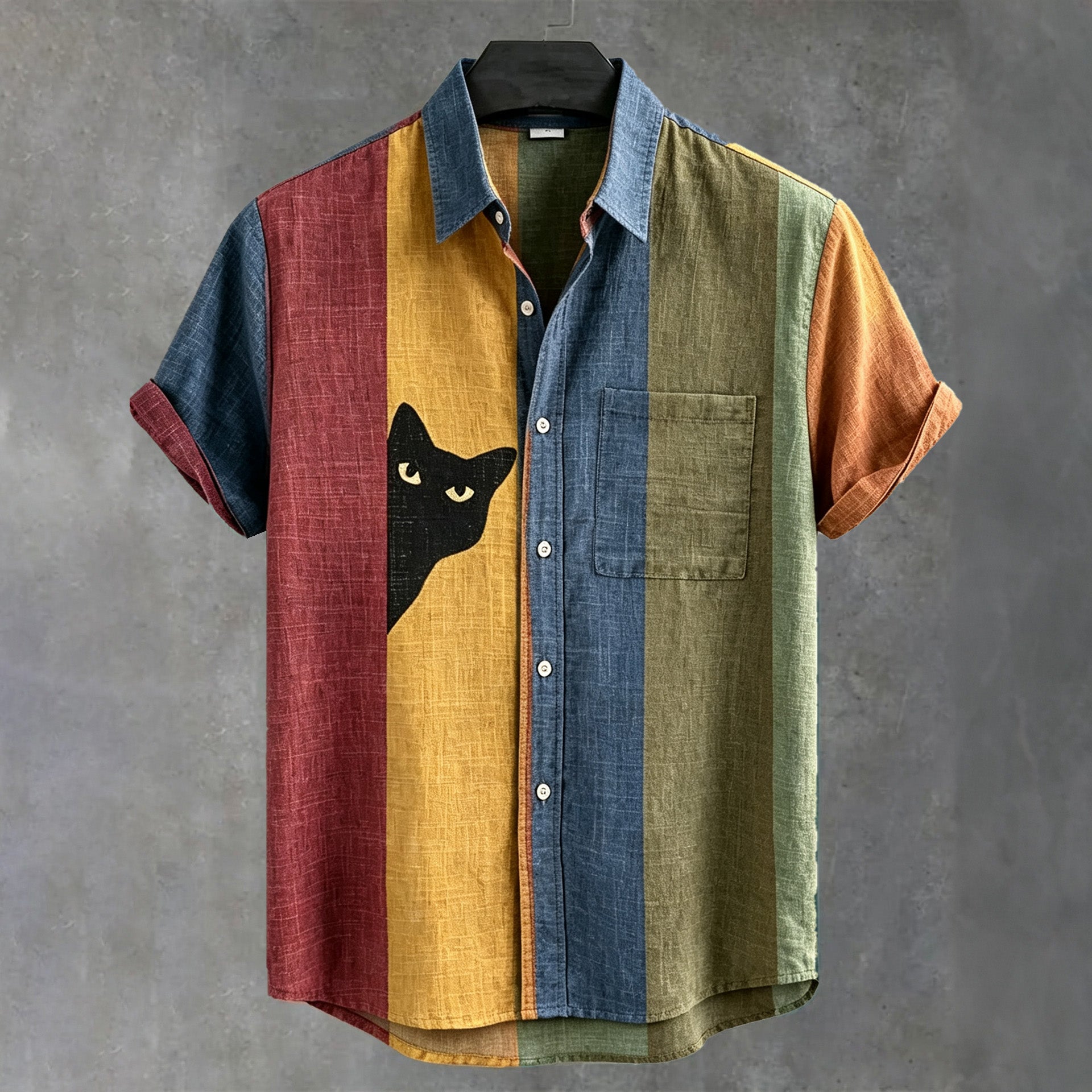 Men's Vintage Black Cat Contrast Stripes Short Sleeve Collared Shirt