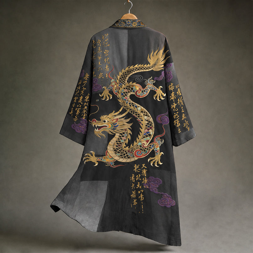 Men's Vintage Japanese Calligraphy Dragon Art Pattern Linen Blend Kimono