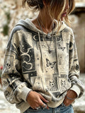 Vintage Distressed Grunge Gothic Collage Print Comic Skeleton Cat Butterfly Moon Hoodie
