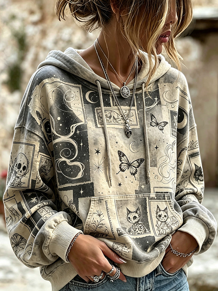 Vintage Distressed Grunge Gothic Collage Print Comic Skeleton Cat Butterfly Moon Hoodie
