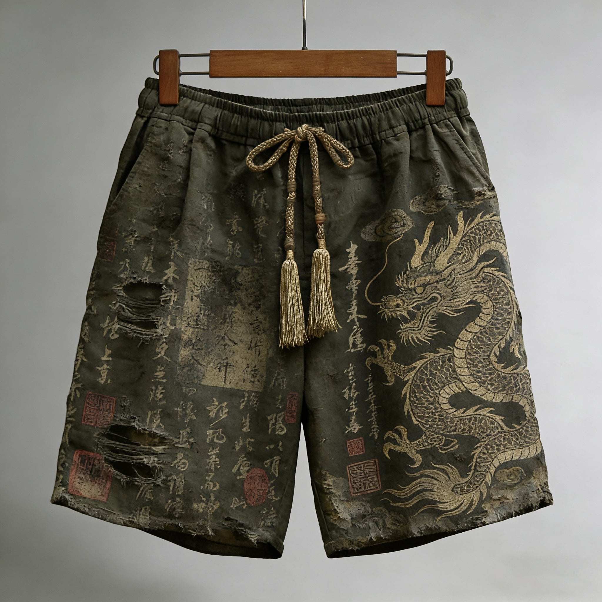 Men's Calligraphy With Dragon Art Pattern Linen Blend Casual Shorts