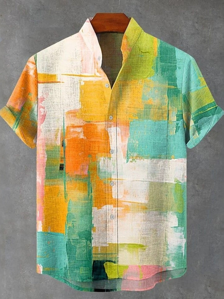 Men's Retro Colorful Color Block Art Print Cotton Linen Short-sleeve Shirt