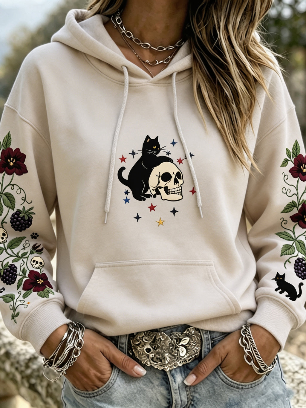 Women's Witchy Patriotic Black Cat Skull Floral Graphic Print Hoodie