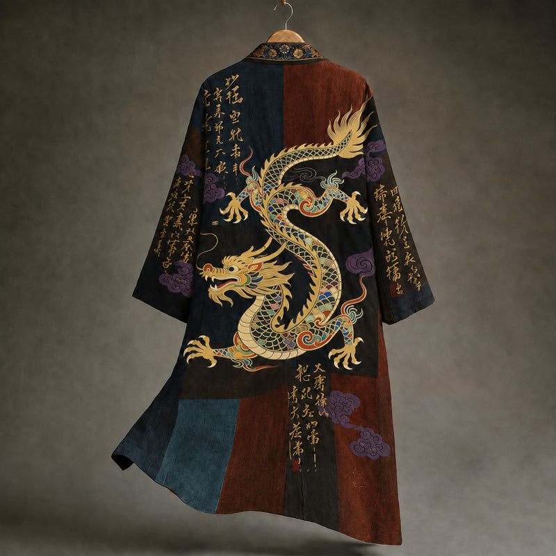 Men's Vintage Japanese Calligraphy Dragon Art Pattern Linen Blend Kimono