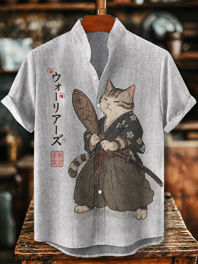 Men's Cool Japanese Ronin Cat With Sword And Fish Print Short Sleeve Linen Shirt