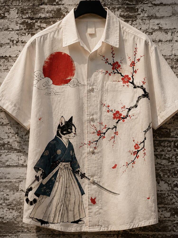 Men's Japanese Samurai Cat Graphic Print Short Sleeve Button-down Shirt