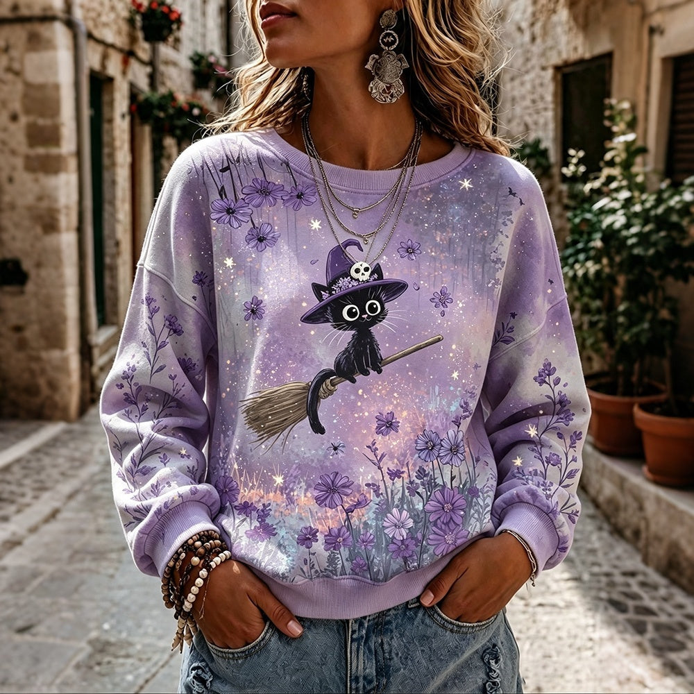 Women's Retro Floral Black Cat Witch Design Crew Neck Sweatshirt