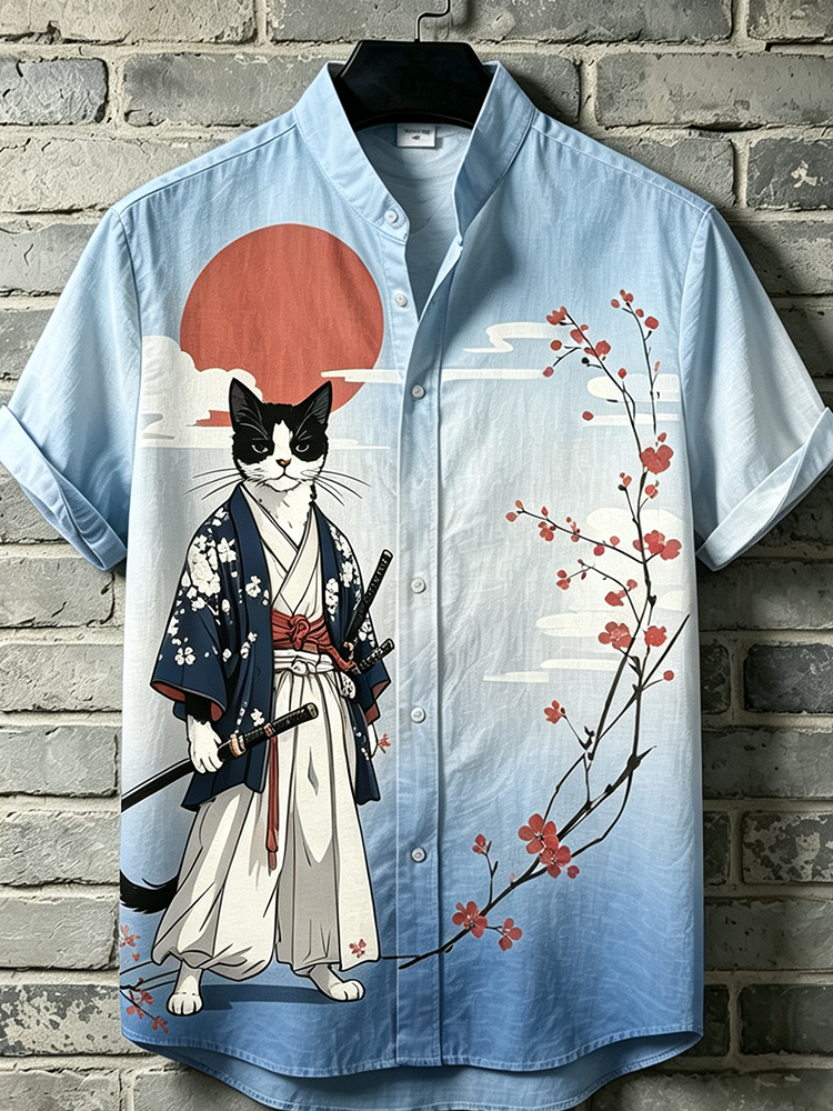 Men's Japanese-style Kimono Cardigan With Samurai Cat And Cherry Blossom Graphic Print