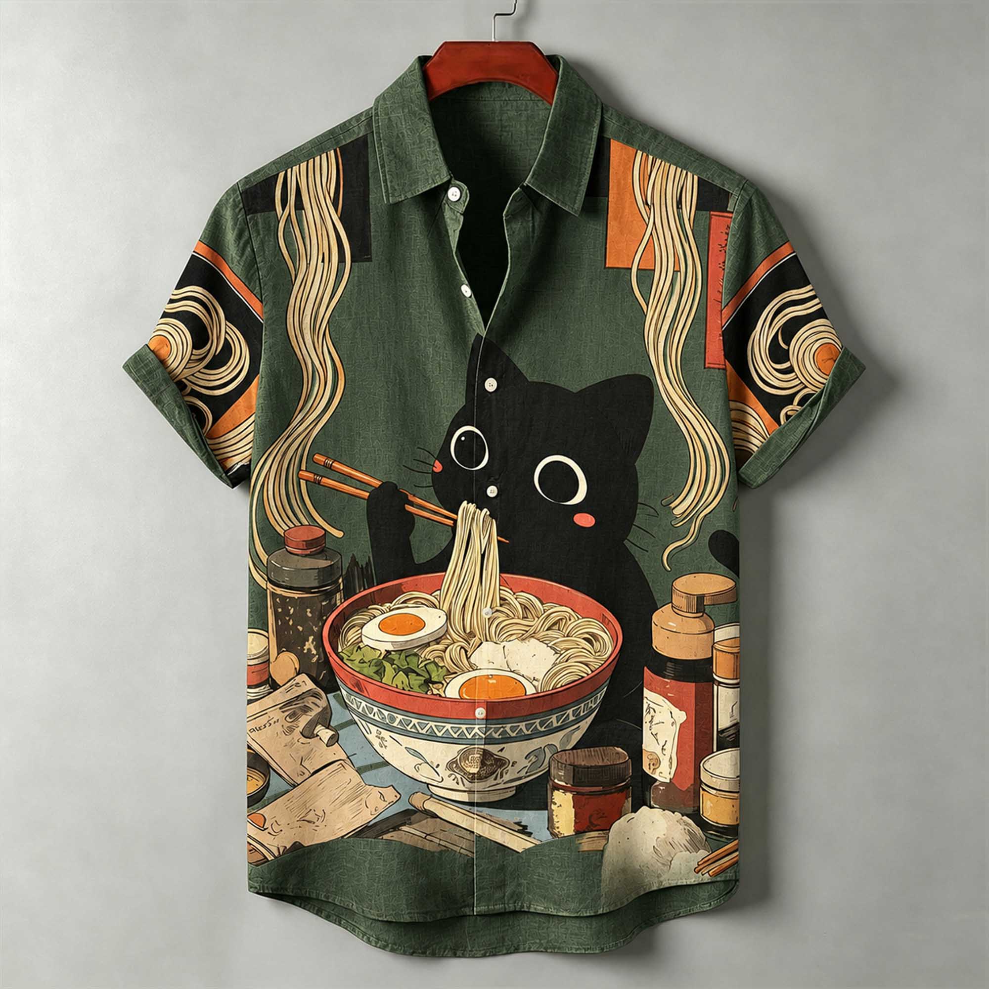 Men's Japanese Ukiyo-e Print Black Cat Eating Ramen Print Casual Loose Short-sleeve Shirt