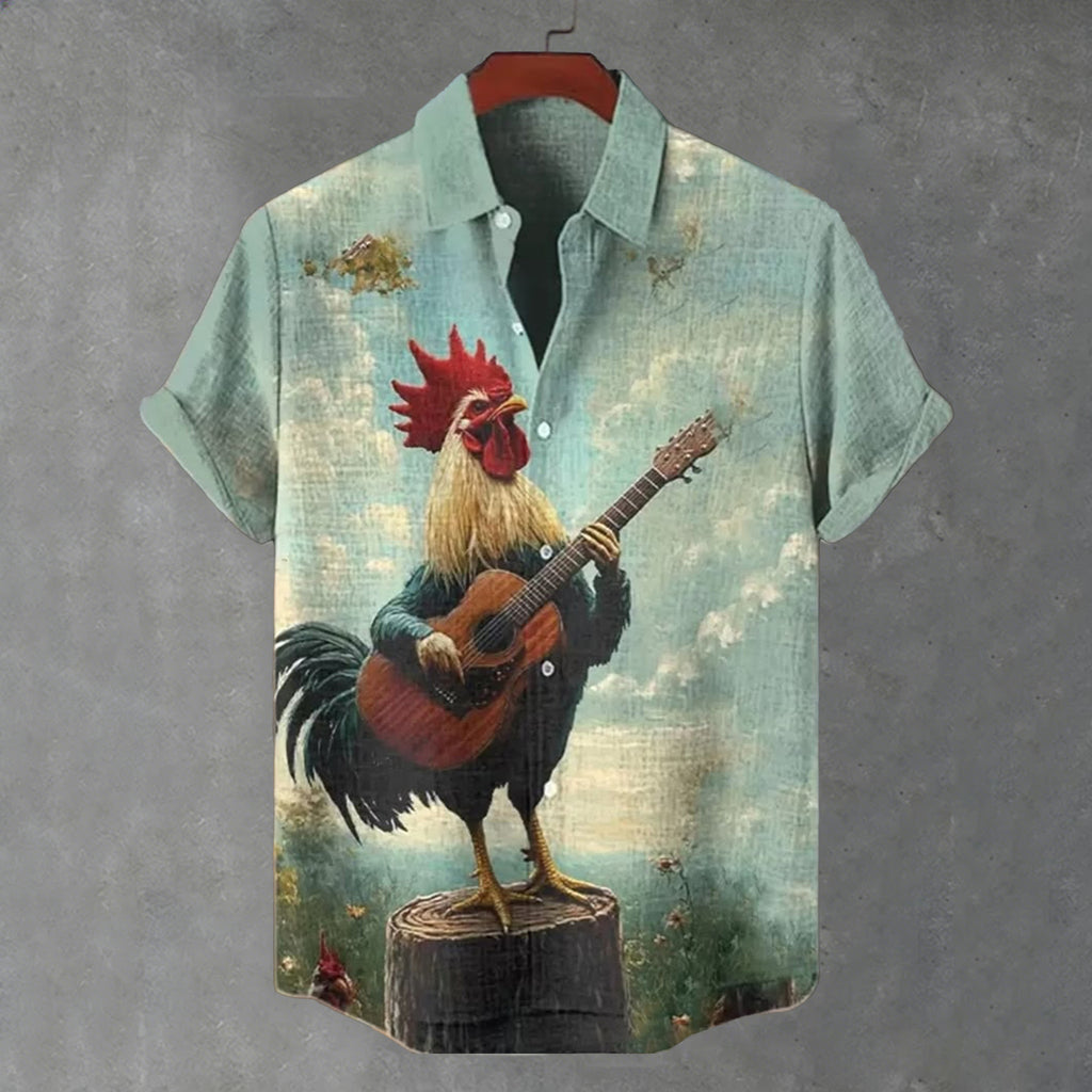 Men's Fun Chicken Playing Guitar Pattern Linen Blend Short-sleeved Shirt