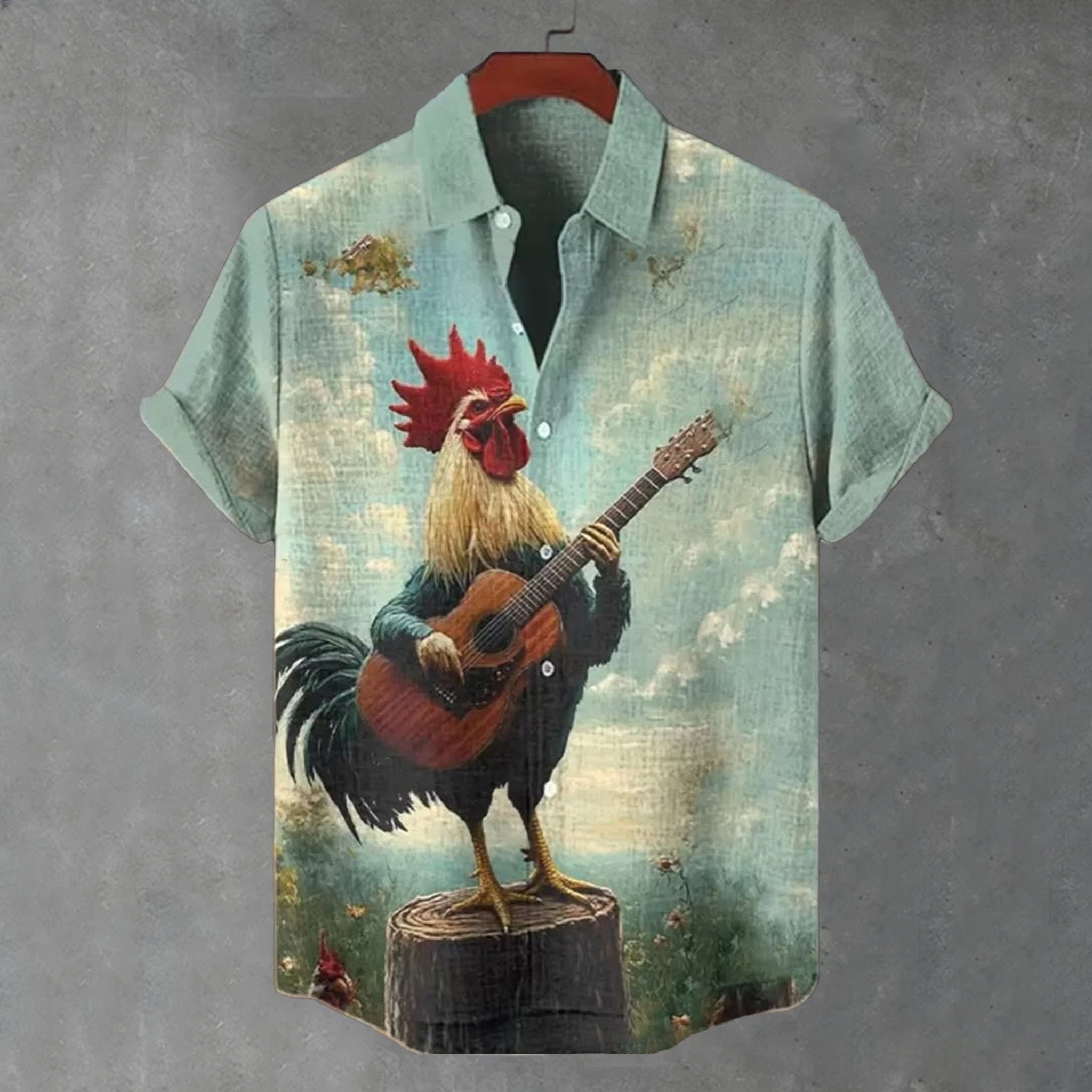 Men's Fun Chicken Playing Guitar Pattern Linen Blend Short-sleeved Shirt