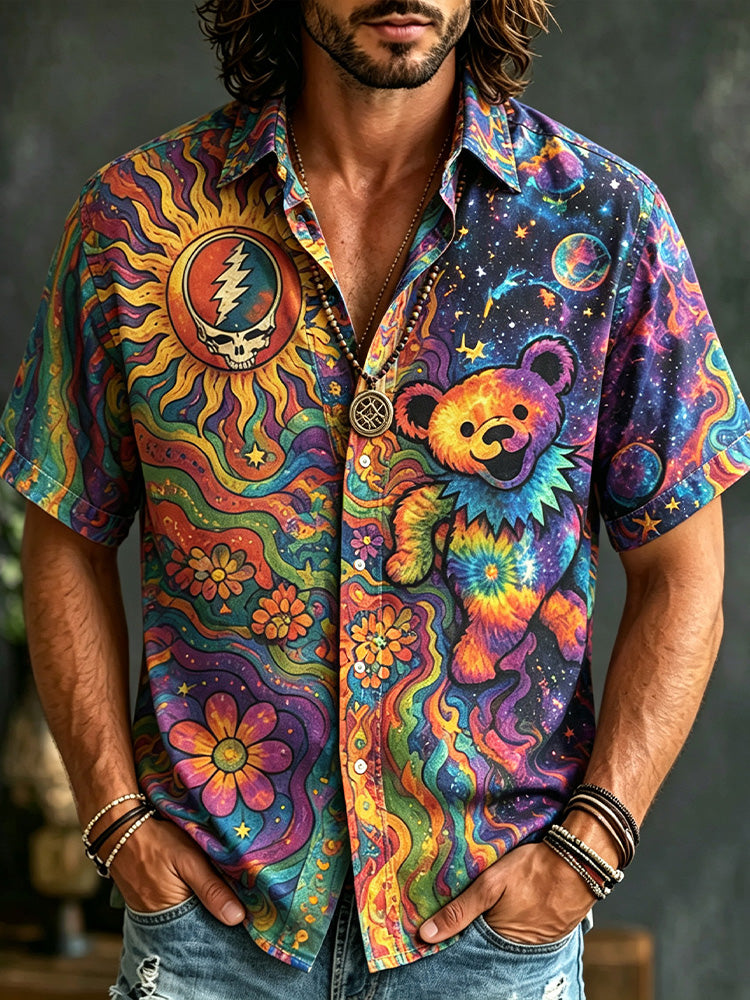 Men's Grateful Dead Dancing Bear Tie Dye Short Sleeve Button Shirt