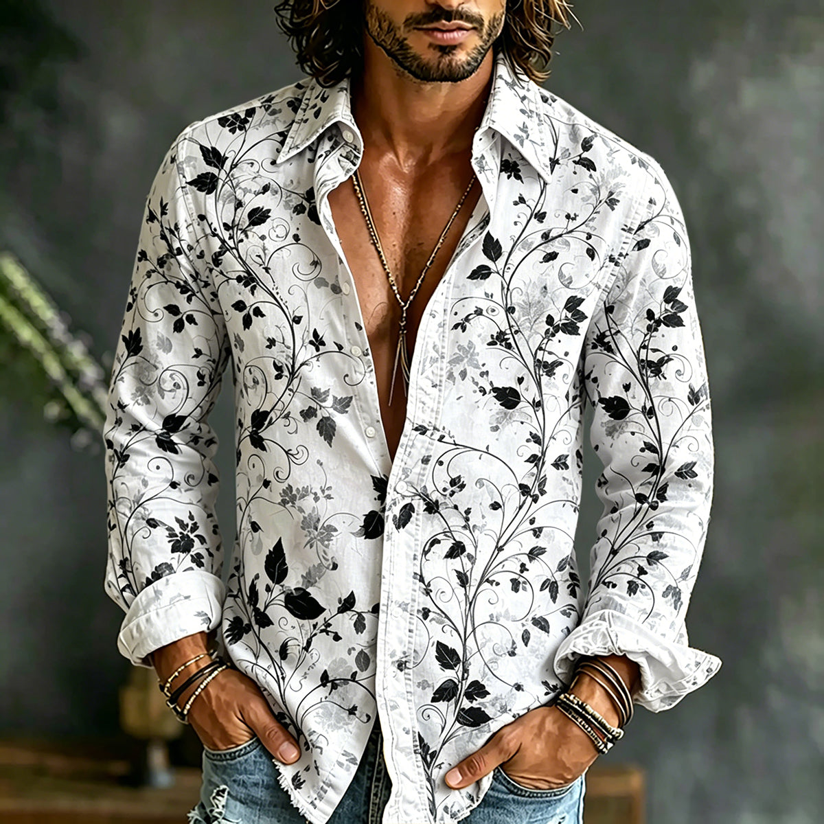 Men's Retro Floral Art Print Cotton Linen Casual Shirt