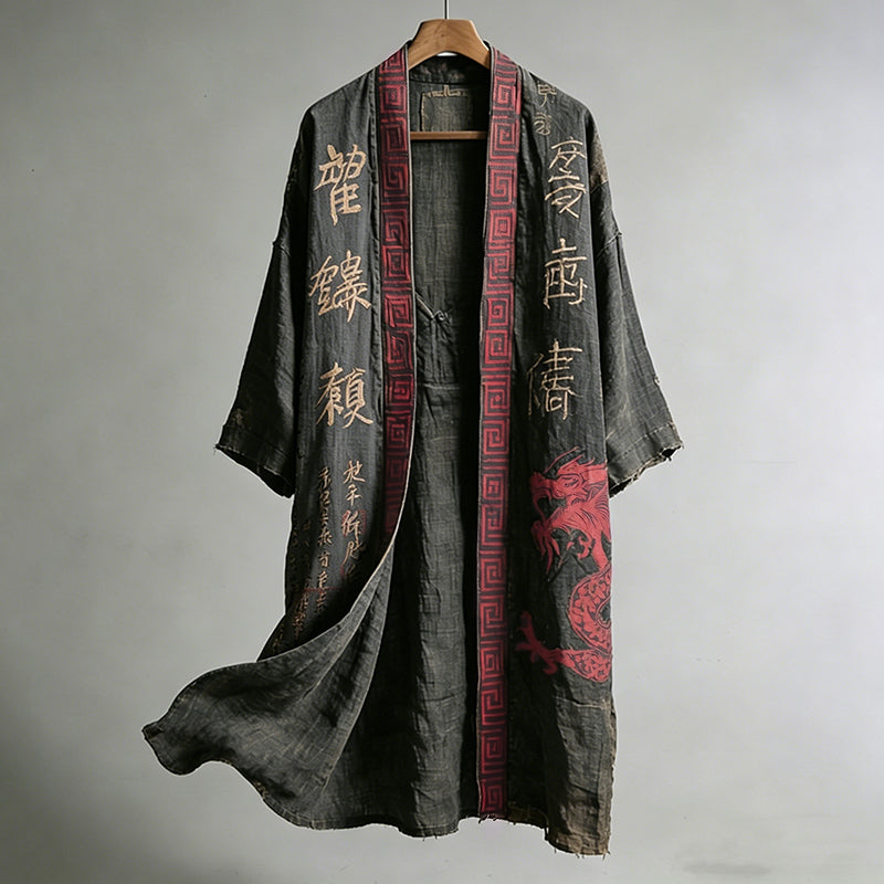 Men's Japanese Dragon Pattern Calligraphy And Painting Art Linen Long Kimono
