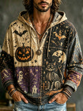 Vintage Distressed Patchwork Halloween Jack O Lantern Bat Skeleton Cat Haunted House Graphic Hooded Sweatshirt