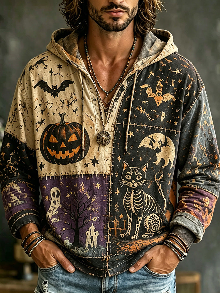 Vintage Distressed Patchwork Halloween Jack O Lantern Bat Skeleton Cat Haunted House Graphic Hooded Sweatshirt