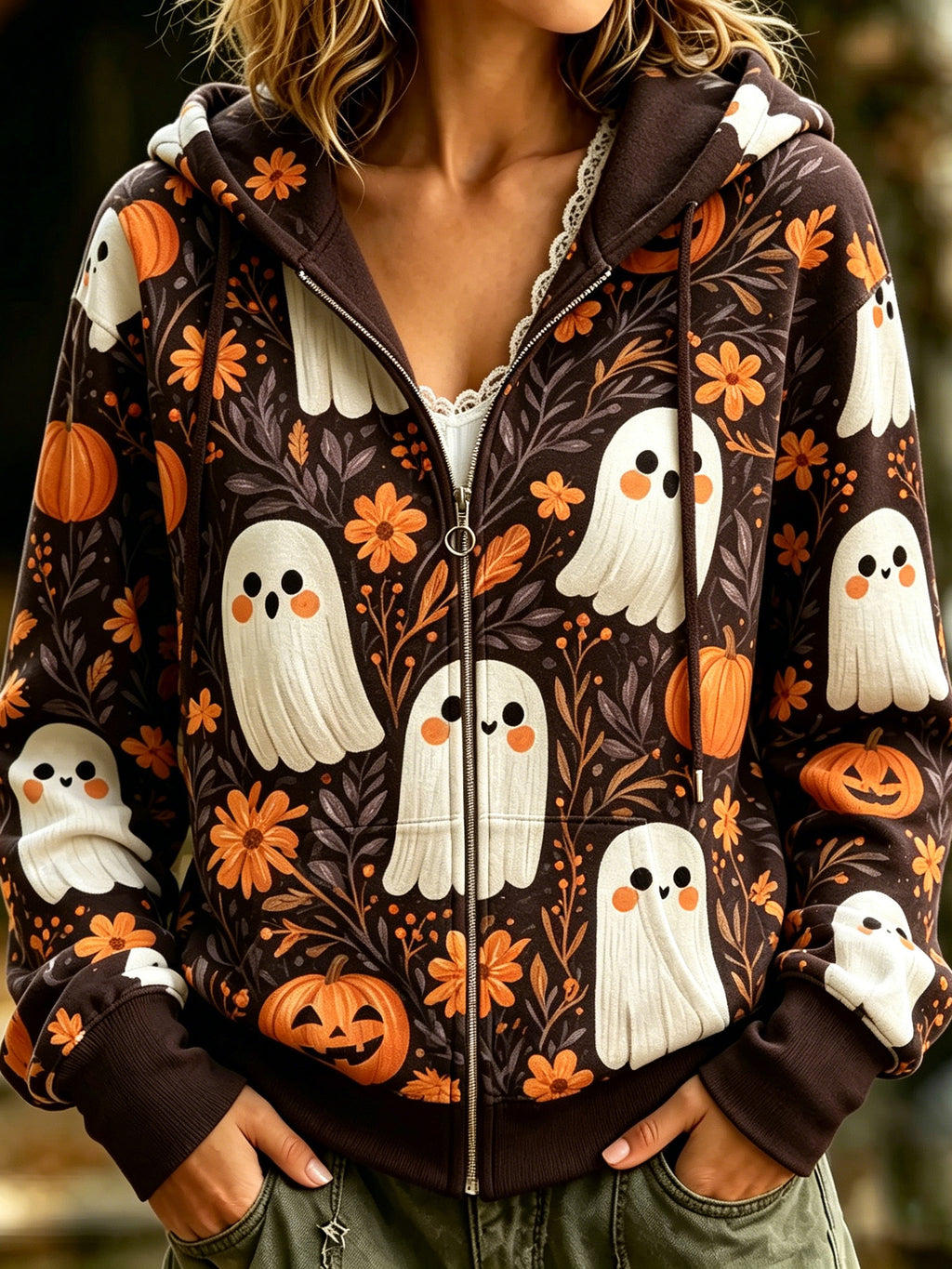 Women's Retro Halloween Ghost Pumpkin Floral Print Zip-up Hooded Sweatshirt