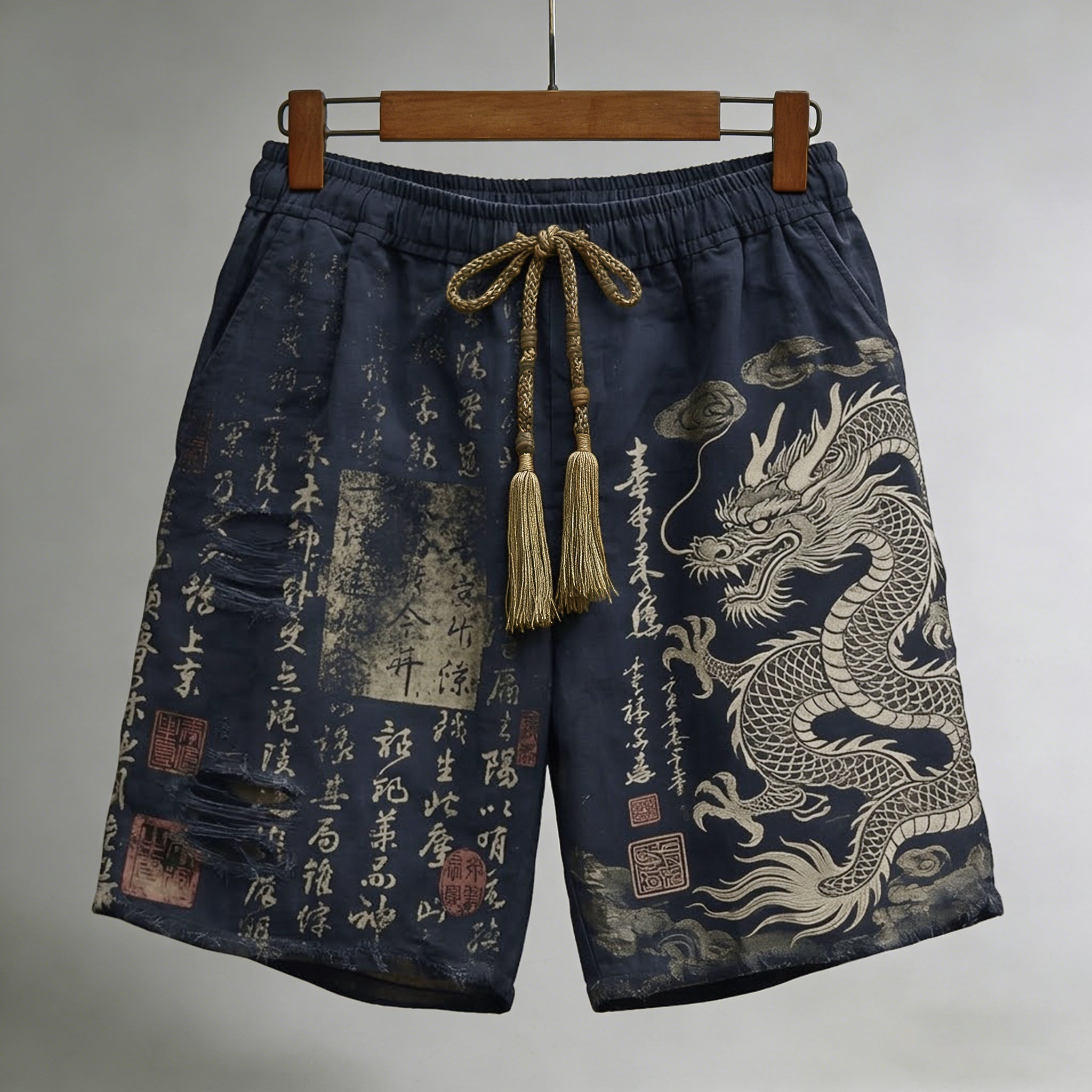 Men's Calligraphy With Dragon Art Pattern Linen Blend Casual Shorts