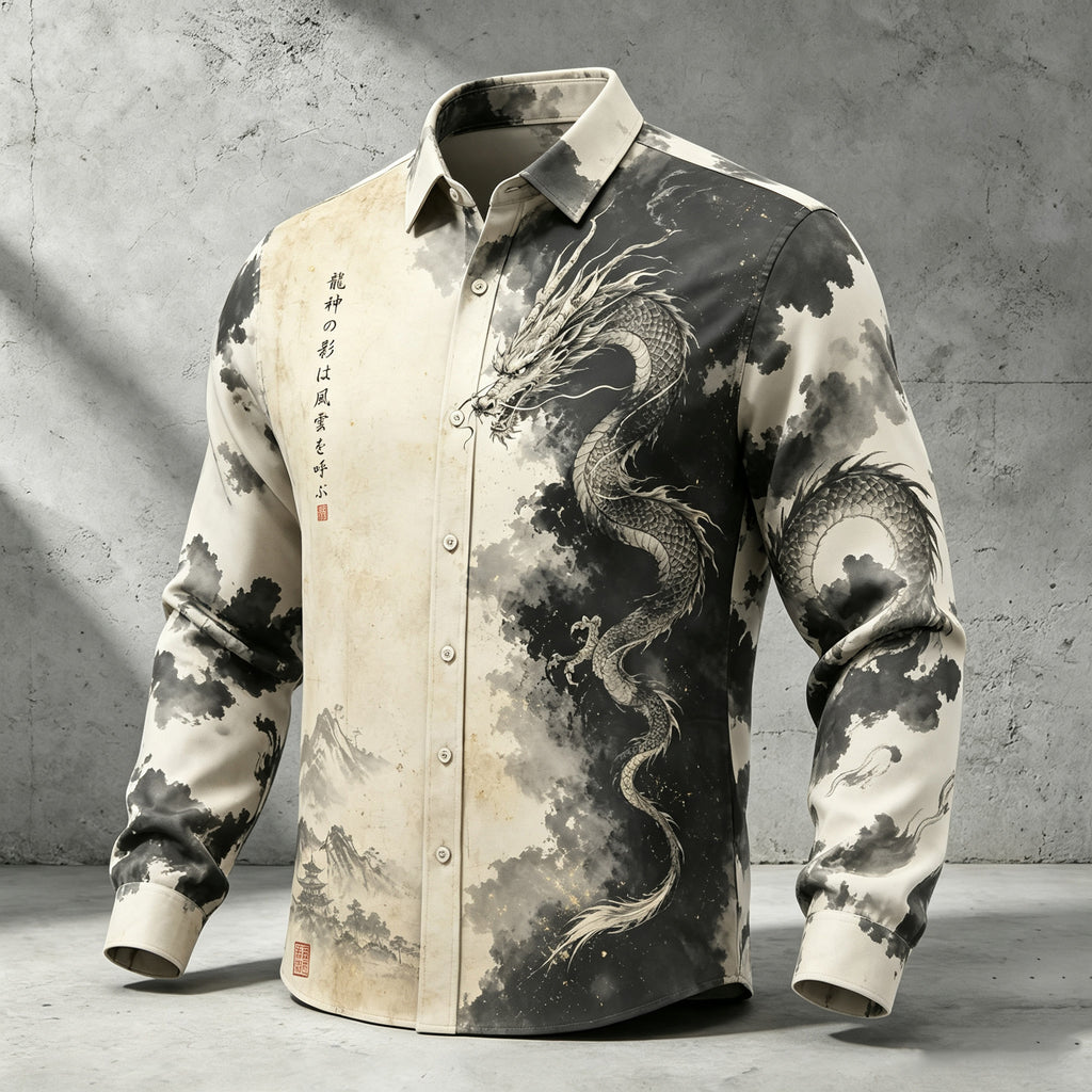 Men's Retro Japanese Dragon And Calligraphy Art Print Linen Blend Long-sleeve Shirt