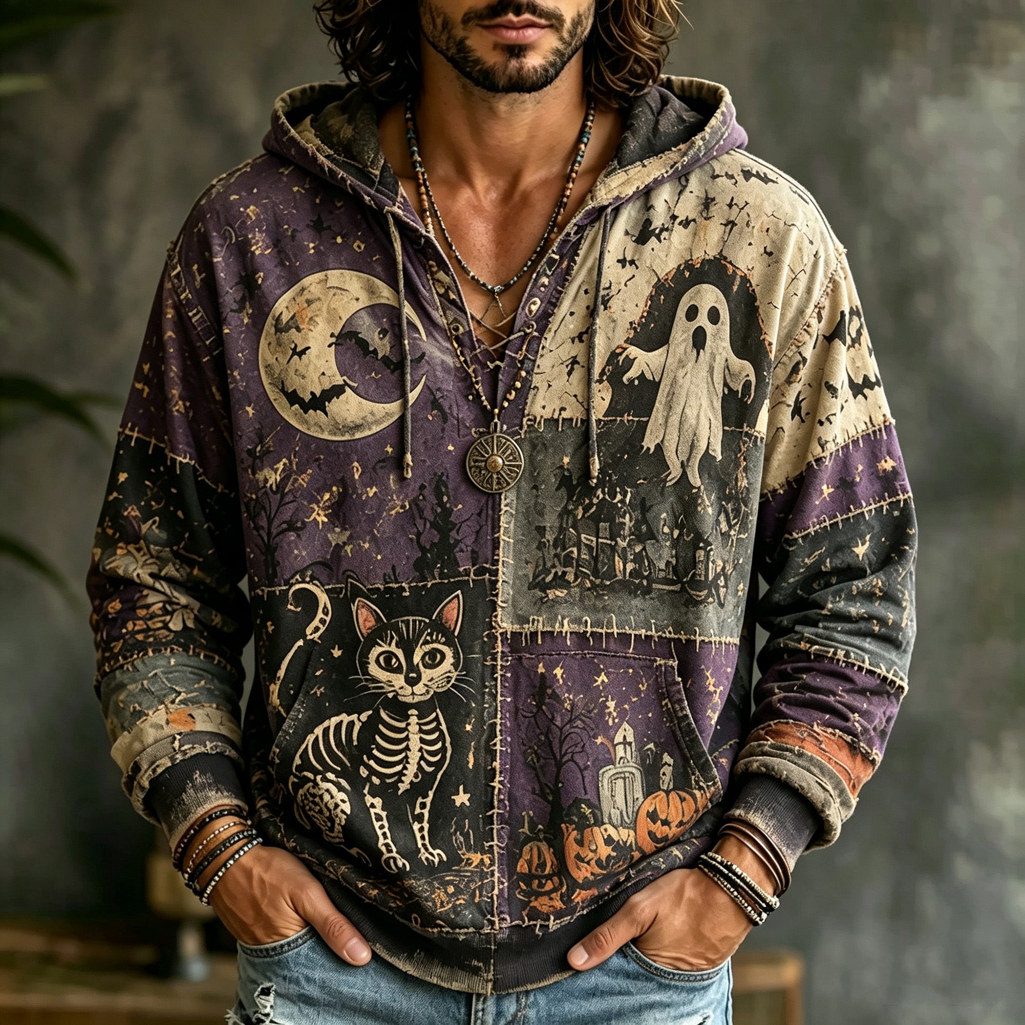 Men’s Vintage Patchwork Distressed Ghost Skeleton Black Cat Moon Castle Graphic Pullover
