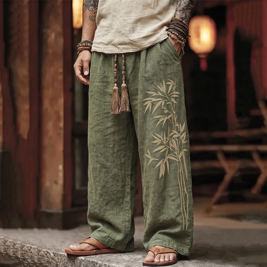 Men's Vintage Japanese Bamboo Art Print Linen Blend Pants