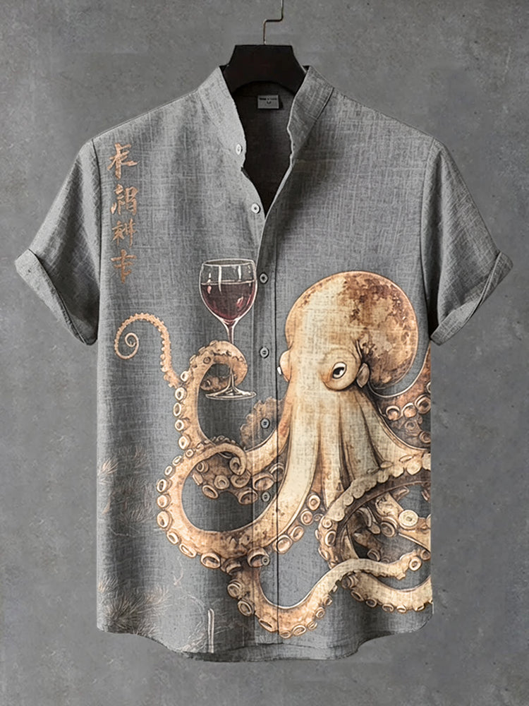 Men's Octopus Drinking Red Wine Art Print Casual Shirt