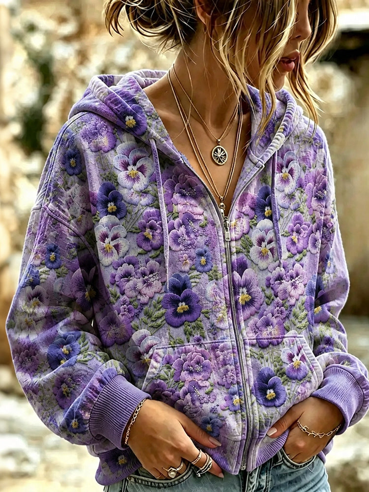 Women's Retro Floral Print Casual Warm Zip-up Hoodie