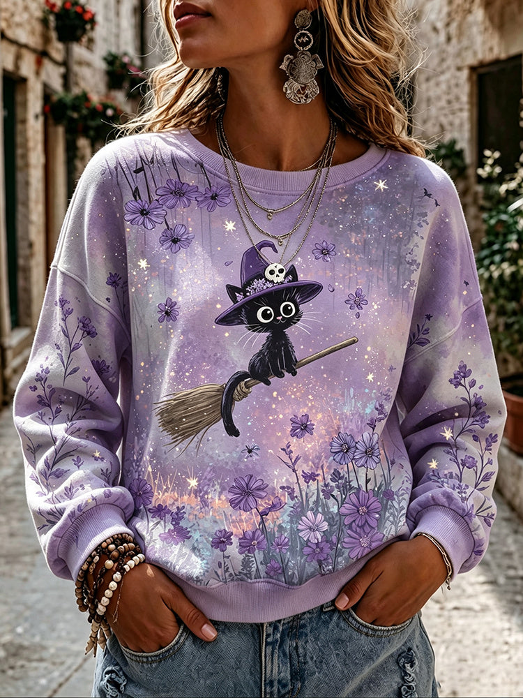 Women's Retro Floral Black Cat Witch Design Crew Neck Sweatshirt
