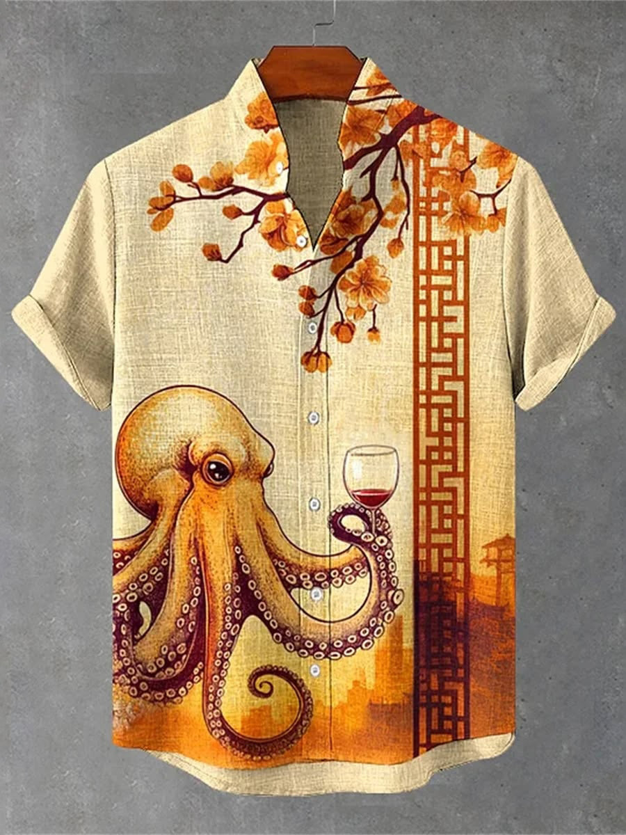 Men's Octopus Drinking Tea Under The Cherry Tree Art Print Casual Shirt