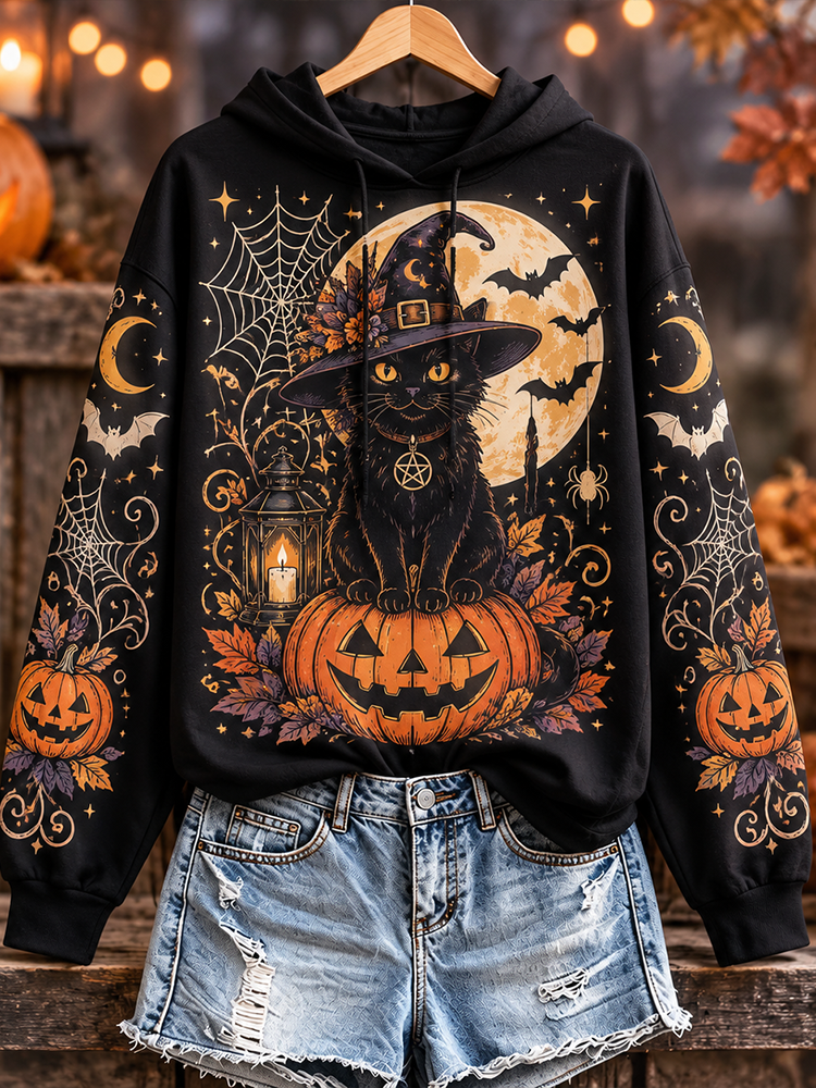 Women's Gothic Black Witch Cat On Pumpkin Moon And Spiderweb Print Hoodie