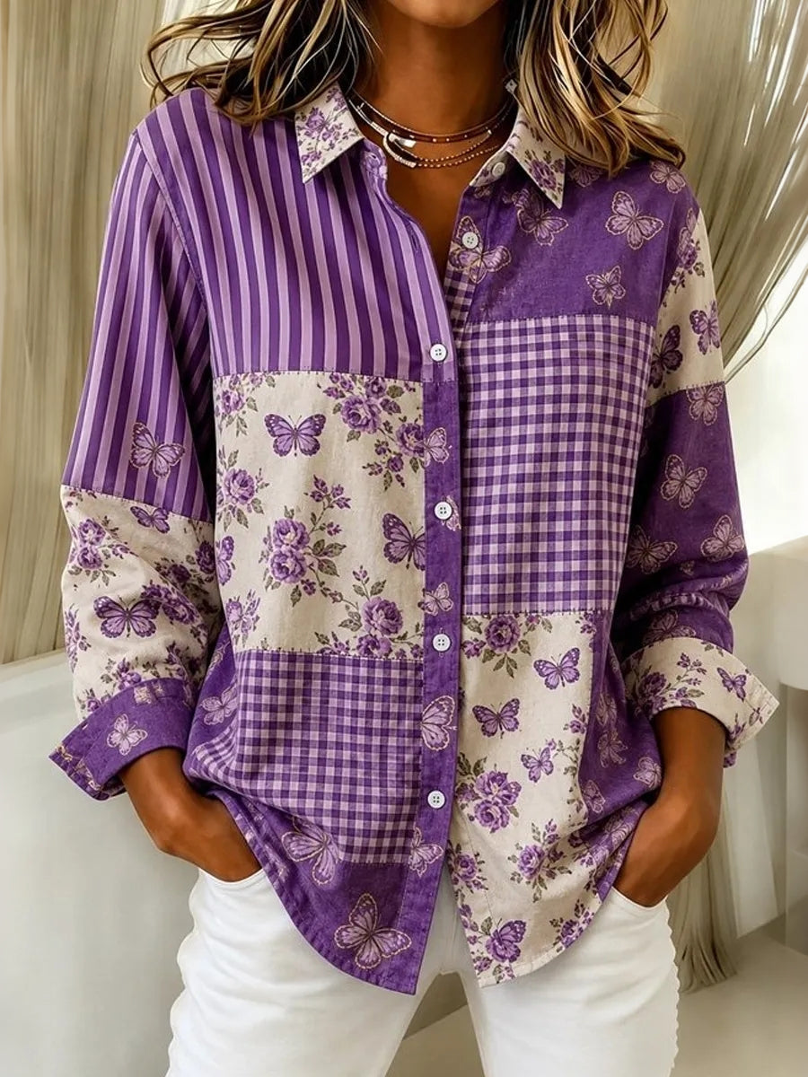 Women's Casual Floral Butterfly Striped Checkered Patchwork Shirt