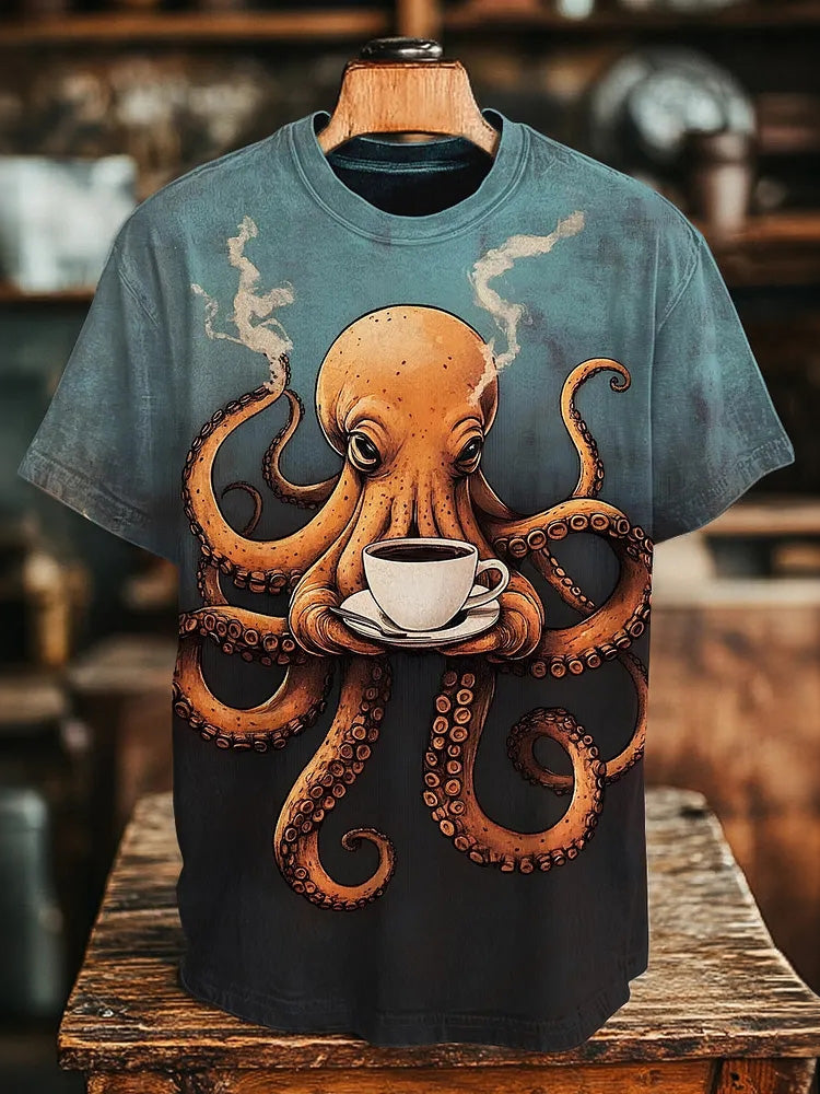 Men's Retro Japanese Art Octopus And Coffee Printed Casual T-shirt