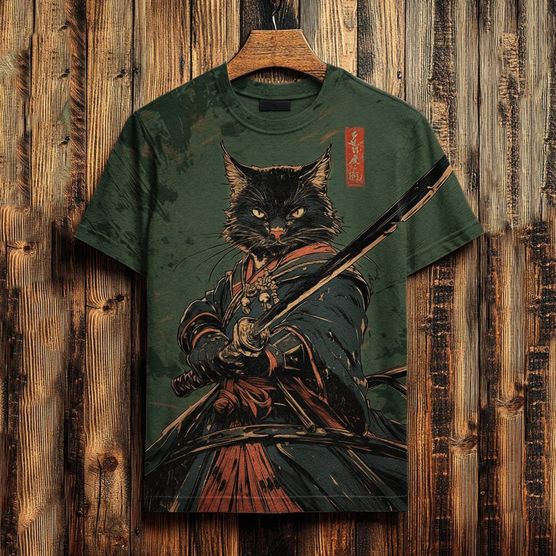 Men's Black Cat Samurai Japanese Art Print Casual T-shirt