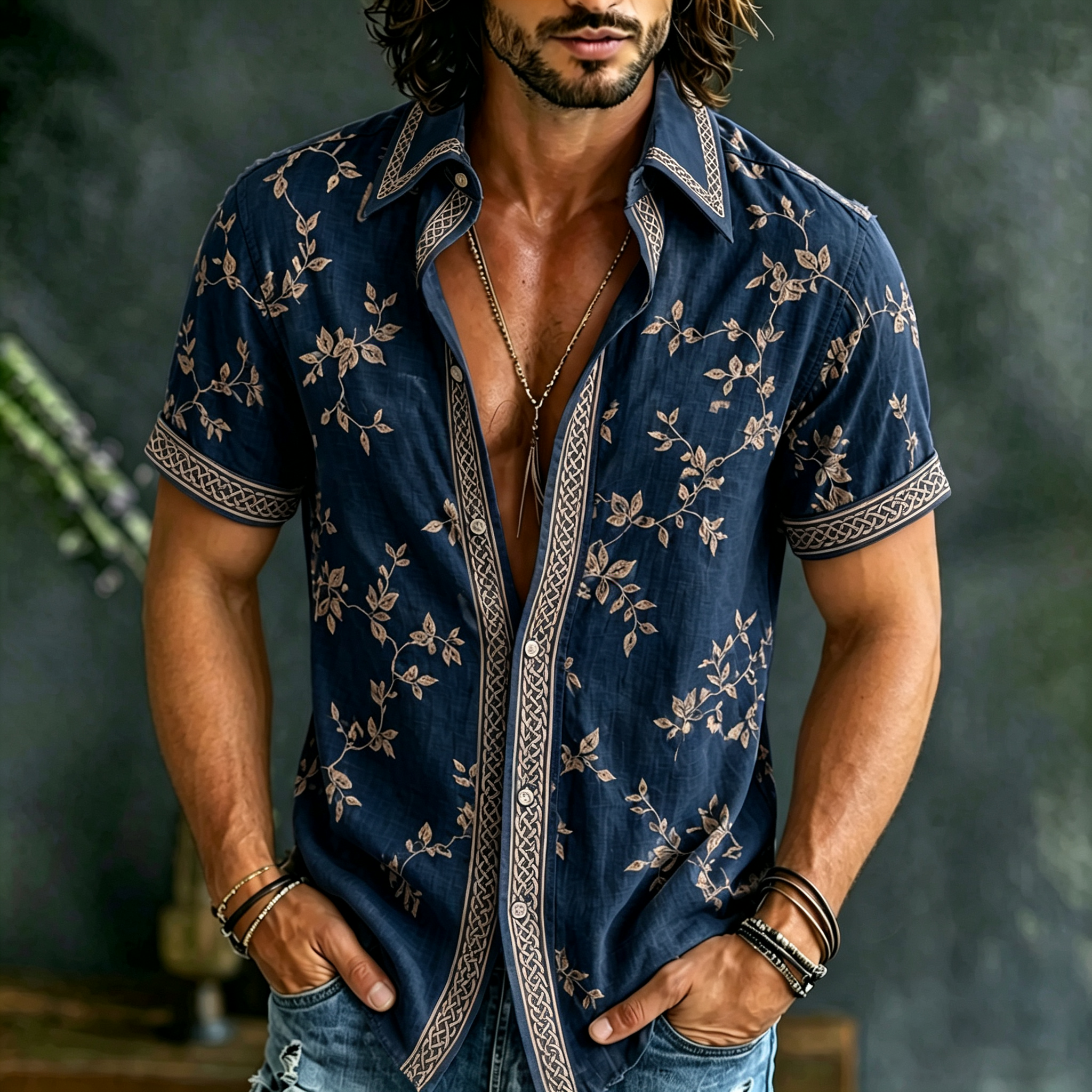 Men's Retro Floral Embroidered Short-sleeve Shirt